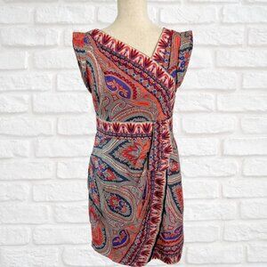 Nanette Lepore Silk Dress Blue Peach Red Sleeveless Asymmetrical V-Neck Sz 4